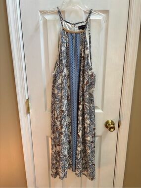 Luxology Blue, Cream & Brown Paisley Halter  Dress w/ Ornate Neck, Size 16, NWOT